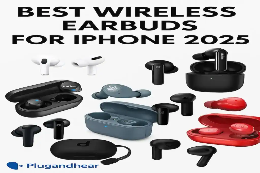 Top 5 best budget earbuds for iPhone 2025 including EarFun, TOZO, JLab, Soundcore, and SoundPEATS displayed with charging cases – PlugAndHear