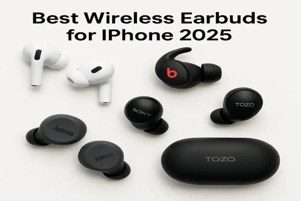 Top 5 best wireless earbuds for iPhone 2025 – Apple, Beats, Sony, Jabra, and TOZO comparison layout