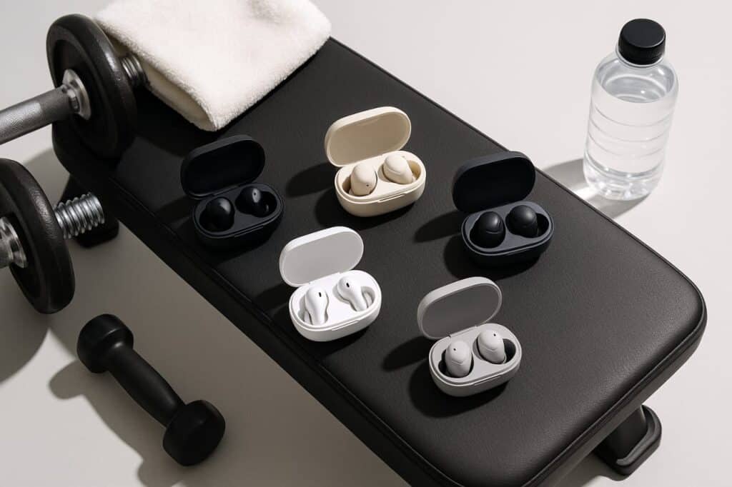 Best Wireless Earbuds for Gym 2025 on workout bench with dumbbells and water bottle